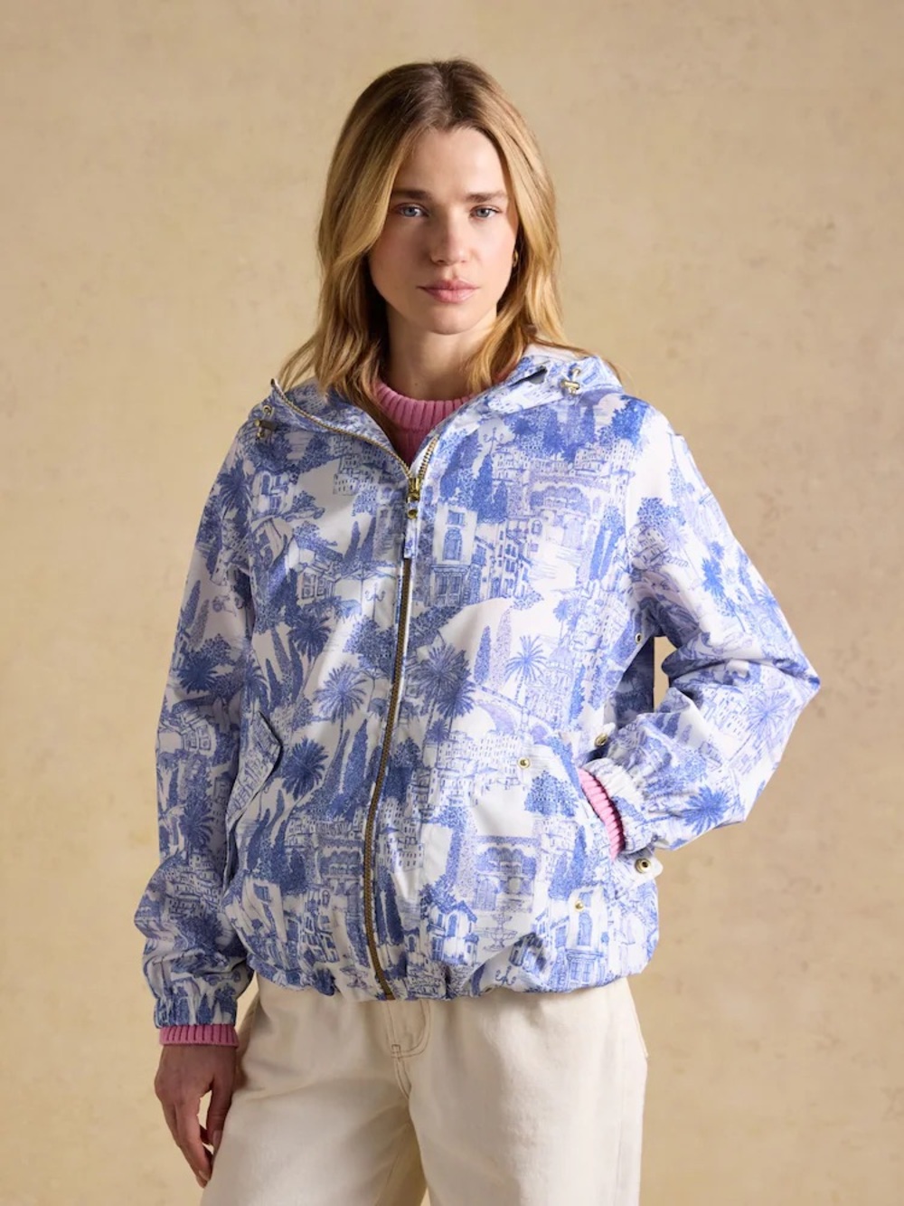Joules Rainly Cream & Blue Waterproof Packable Raincoat with Hood